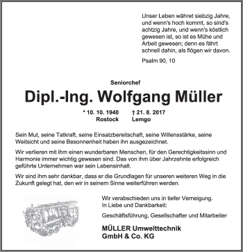 Anzeige  Wolfgang Müller  Lippische Landes-Zeitung