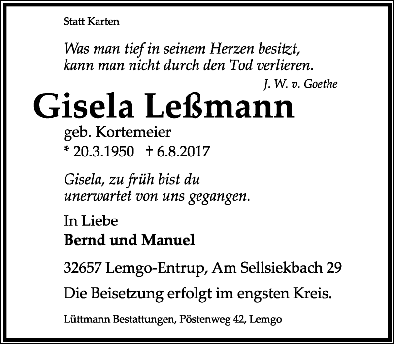  Traueranzeige für Gisela Leßmann vom 12.08.2017 aus Lippische Lanes-Zeitung