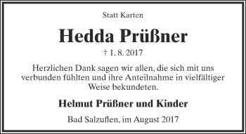 Anzeige  Hedda Prüßner  Lippische Landes-Zeitung
