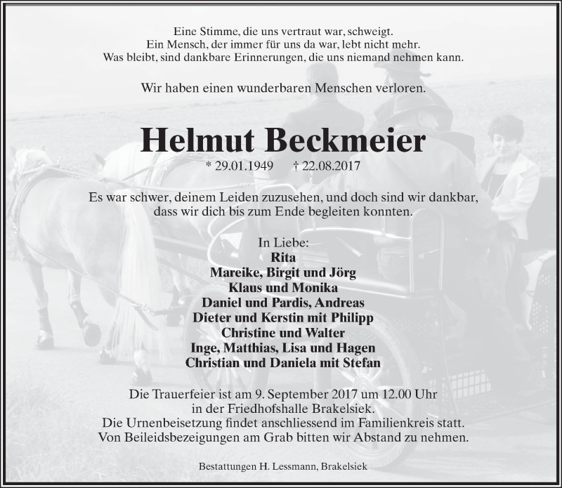  Traueranzeige für Helmut Beckmeier vom 26.08.2017 aus Lippische Landes-Zeitung