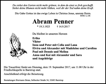 Anzeige  Abram Penner  Lippische Landes-Zeitung