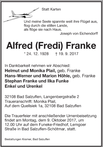 Anzeige  Alfred Franke  Lippische Landes-Zeitung