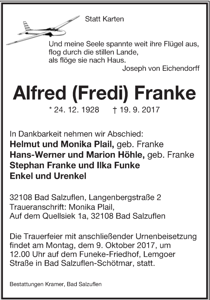  Traueranzeige für Alfred Franke vom 30.09.2017 aus Lippische Landes-Zeitung