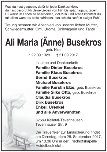 Anzeige  Ali Maria Busekros  Lippische Landes-Zeitung