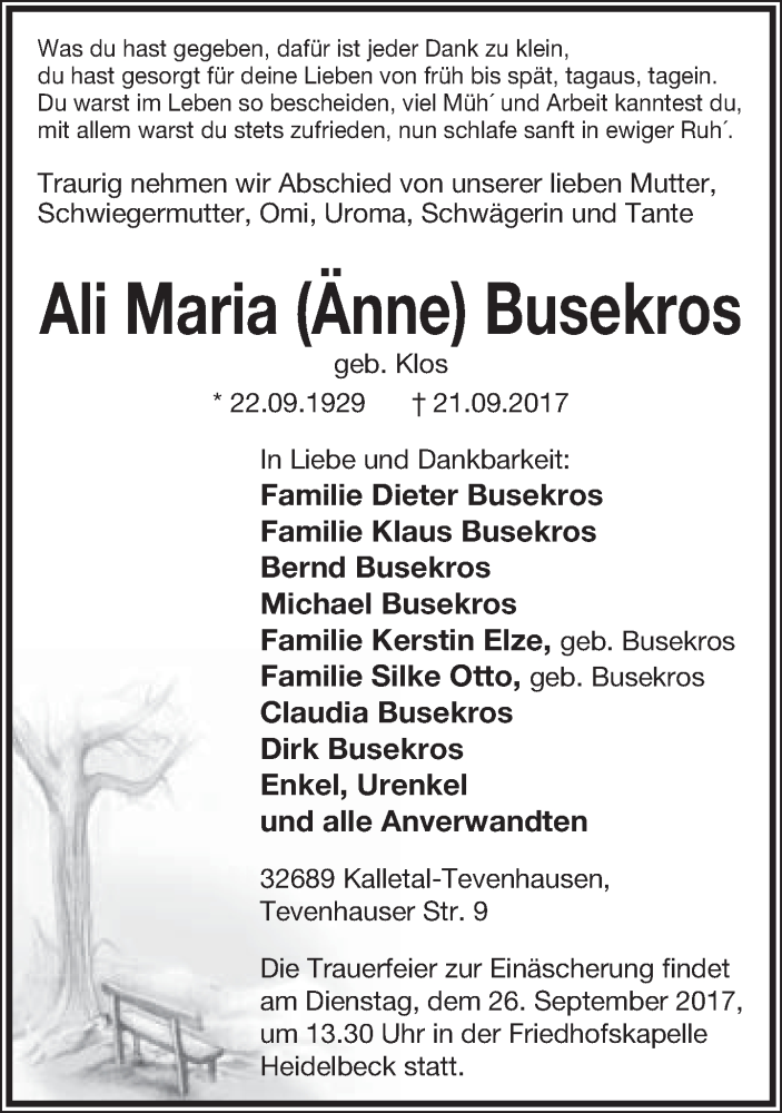  Traueranzeige für Ali Maria Busekros vom 23.09.2017 aus Lippische Landes-Zeitung