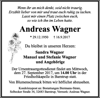 Anzeige  Andreas Wagner  Lippische Landes-Zeitung
