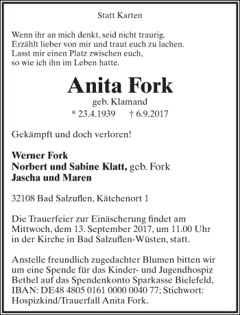 Anzeige  Anita Fork  Lippische Landes-Zeitung