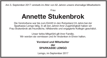 Anzeige  Annette Stukenbrok  Lippische Landes-Zeitung
