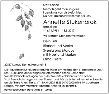 Anzeige  Annette Stukenbrok  Lippische Landes-Zeitung