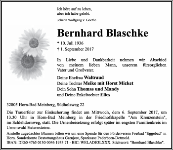 Anzeige  Bernhard Blaschke  Lippische Landes-Zeitung