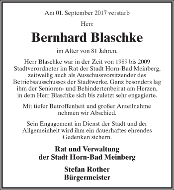Anzeige  Bernhard Blaschke  Lippische Landes-Zeitung