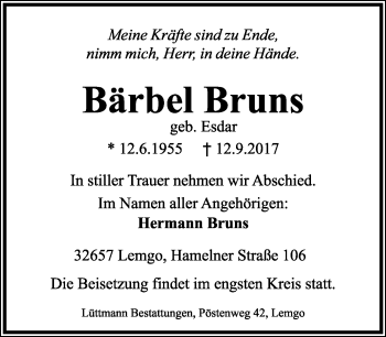 Anzeige  Bärbel Bruns  Lippische Landes-Zeitung