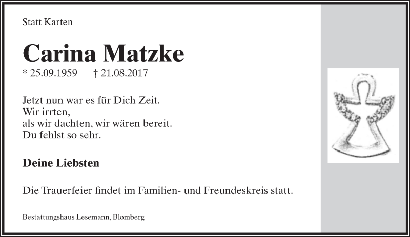  Traueranzeige für Carina Matzke vom 02.09.2017 aus Lippische Landes-Zeitung
