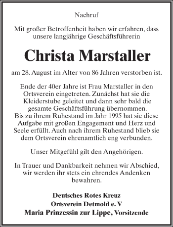 Anzeige  Christa Marstaller  Lippische Landes-Zeitung