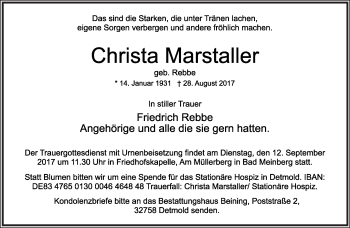 Anzeige  Christa Marstaller  Lippische Landes-Zeitung