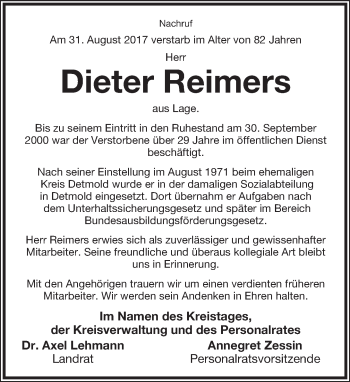 Anzeige  Dieter Reimers  Lippische Landes-Zeitung