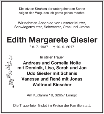 Anzeige  Edith Margarete Giesler  Lippische Landes-Zeitung