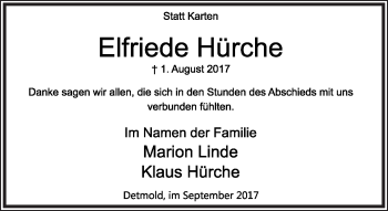 Anzeige  Elfriede Hürche  Lippische Landes-Zeitung