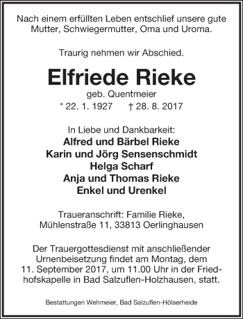 Anzeige  Elfriede Rieke  Lippische Landes-Zeitung