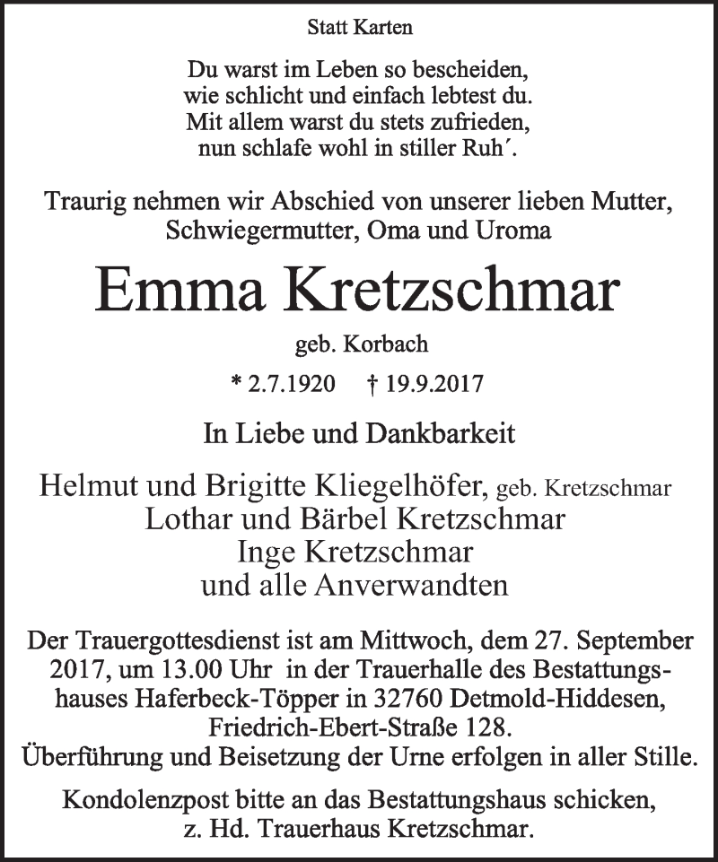  Traueranzeige für Emma Kretzschmar vom 23.09.2017 aus Lippische Landes-Zeitung