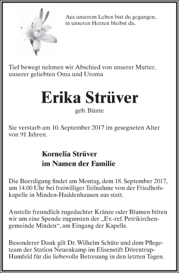 Anzeige  Erika Strüver  Lippische Landes-Zeitung