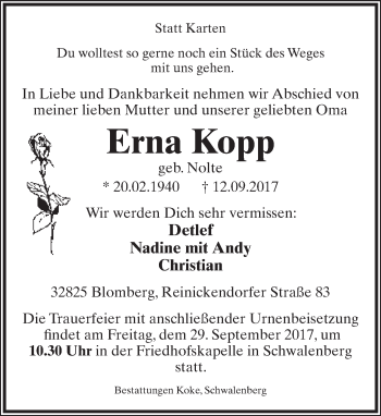Anzeige  Erna Kopp  Lippische Landes-Zeitung