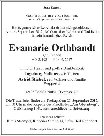 Anzeige  Evamarie Orthbandt  Lippische Landes-Zeitung