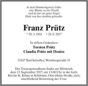 Anzeige  Franz Prütz  Lippische Landes-Zeitung