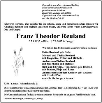 Anzeige  Franz Theodor Reuland  Lippische Landes-Zeitung