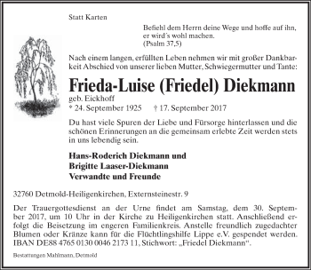 Anzeige  Frieda-Luise  Diekmann  Lippische Landes-Zeitung