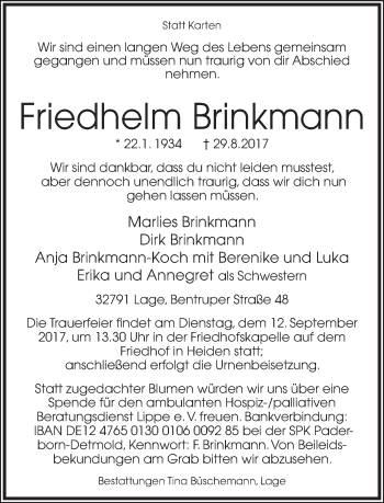 Anzeige  Friedhelm Brinkmann  Lippische Landes-Zeitung