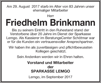 Anzeige  Friedhelm Brinkmann  Lippische Landes-Zeitung