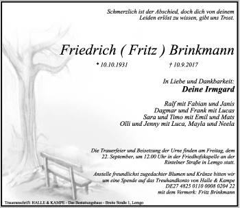 Anzeige  Friedrich Brinkmann  Lippische Landes-Zeitung