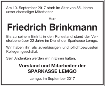 Anzeige  Friedrich Brinkmann  Lippische Landes-Zeitung