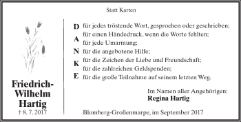 Anzeige  Friedrich-Wilhelm Hartig  Lippische Landes-Zeitung