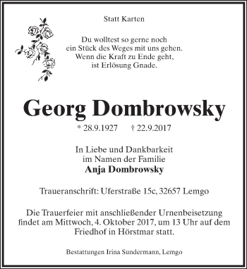 Anzeige  Georg Dombrowsky  Lippische Landes-Zeitung