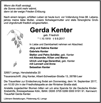 Anzeige  Gerda Kenter  Lippische Landes-Zeitung