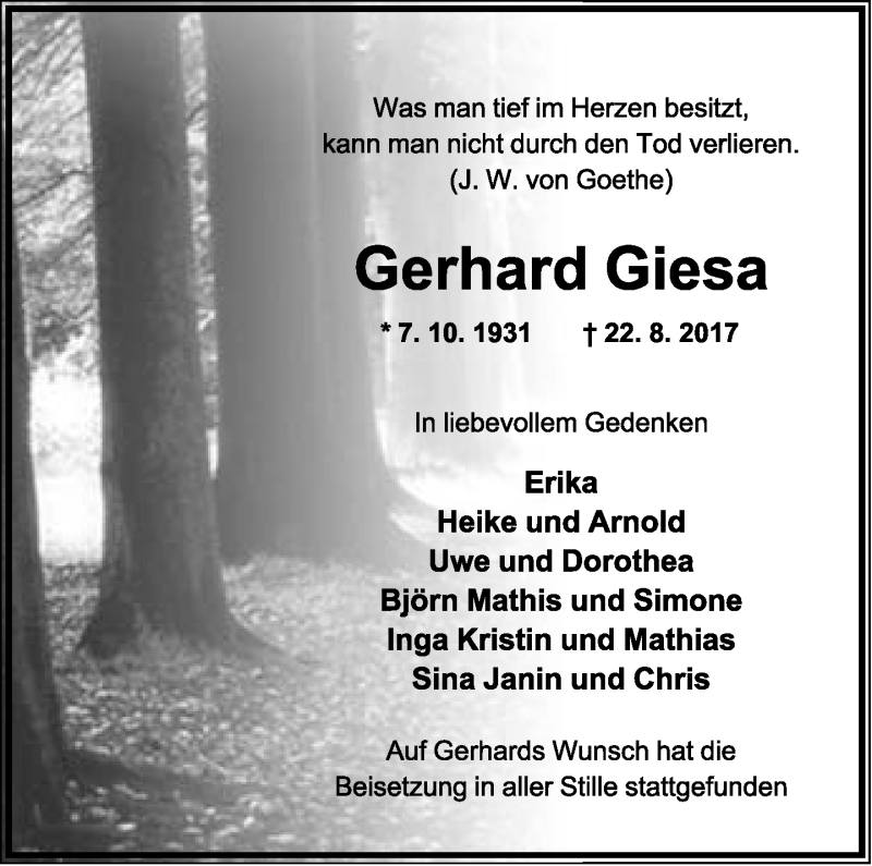  Traueranzeige für Gerhard Giesa vom 09.09.2017 aus Lippische Landes-Zeitung