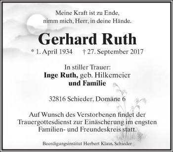 Anzeige  Gerhard Ruth  Lippische Landes-Zeitung