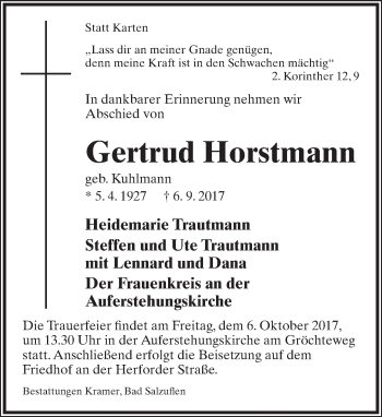 Anzeige  Gertrud Horstmann  Lippische Landes-Zeitung