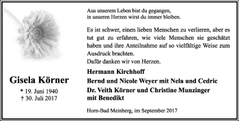 Anzeige  Gisela Körner  Lippische Landes-Zeitung