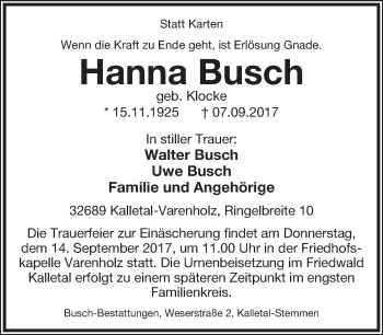 Anzeige  Hanna Busch  Lippische Landes-Zeitung