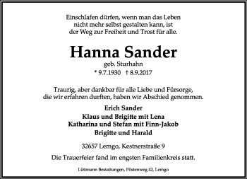 Anzeige  Hanna Sander  Lippische Landes-Zeitung