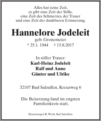 Anzeige  Hannelore Jodeleit  Lippische Landes-Zeitung