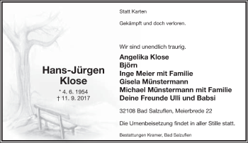 Anzeige  Hans-Jürgen Klose  Lippische Landes-Zeitung