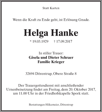 Anzeige  Helga Hanke  Lippische Landes-Zeitung