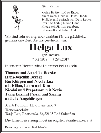 Anzeige  Helga Lux  Lippische Landes-Zeitung
