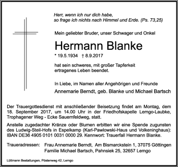 Anzeige  Hermann Blanke  Lippische Landes-Zeitung