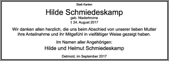 Anzeige  Hilde Schmiedeskamp  Lippische Landes-Zeitung