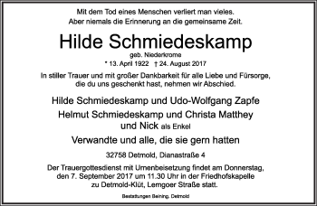Anzeige  Hilde Schmiedeskamp  Lippische Landes-Zeitung